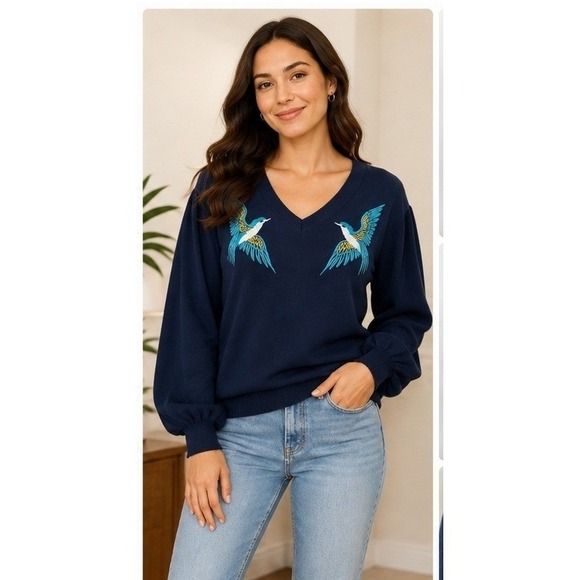 OXKnit Sweaters - OXKNIT Bird Sweater Women Large Cottagecore Navy Blue V-Neck Embroidered Cotton